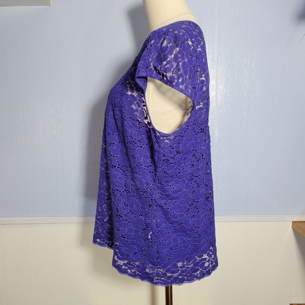 Liz Claiborne Petite Large Blue Lace Overlay Lined Tank Top Cap Sleeve Blouse - Picture 9 of 10